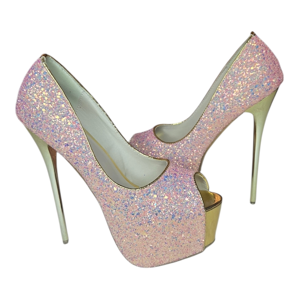 Pink Glitter Platform Peep-Toe Stiletto Heels